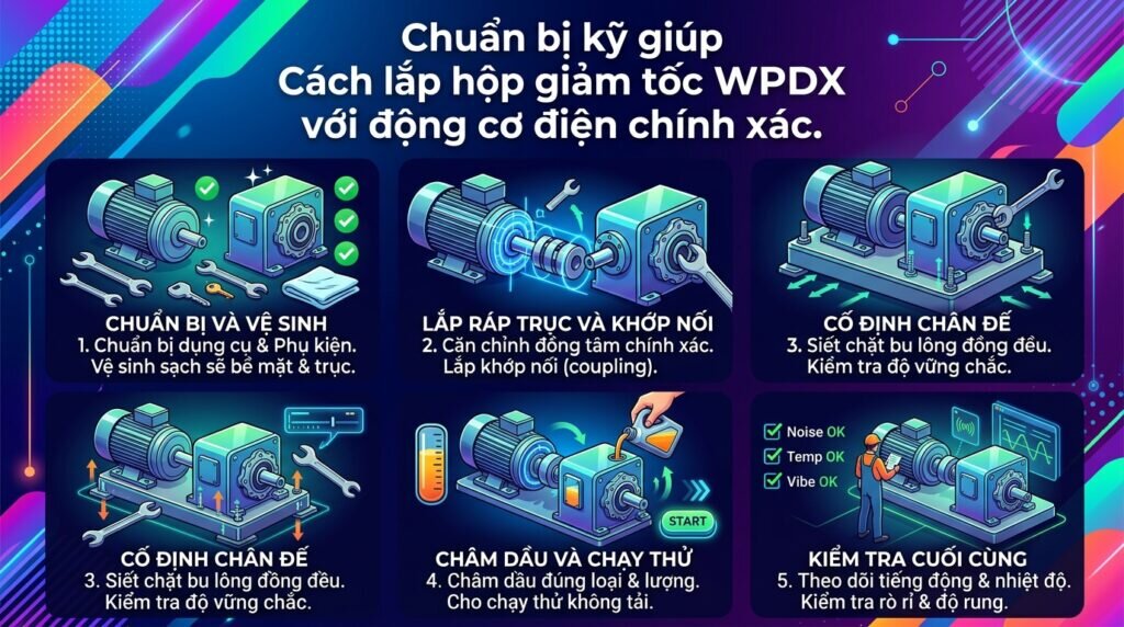 Chuẩn bị kỹ giúp Cách lắp hộp giảm tốc WPDX với động cơ điện chính xác.