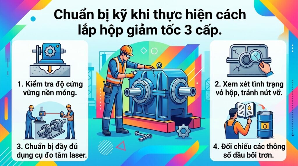 Chuẩn bị kỹ khi thực hiện cách lắp hộp giảm tốc 3 cấp.