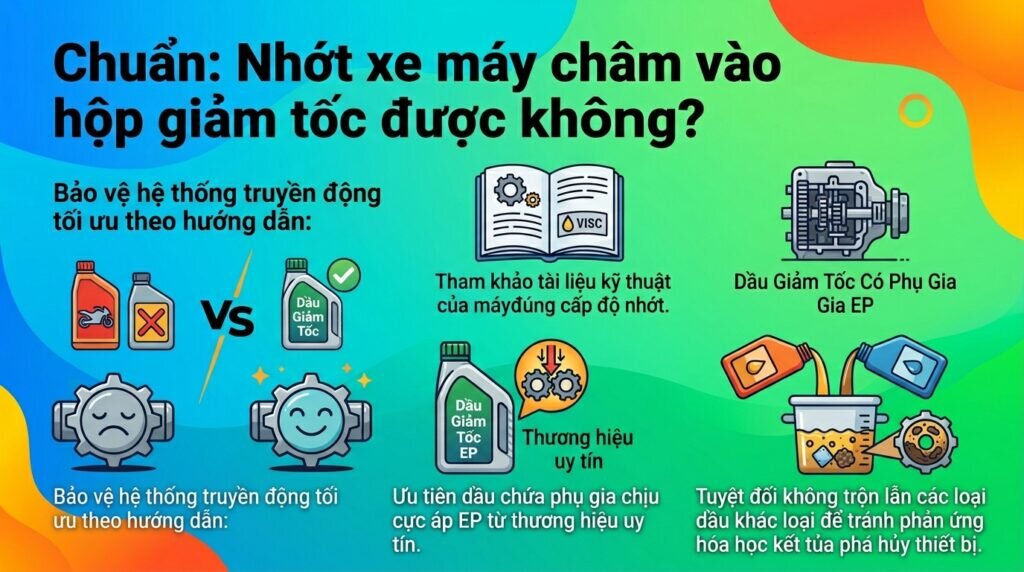 Chuẩn: Nhớt xe máy châm vào hộp giảm tốc được không?
