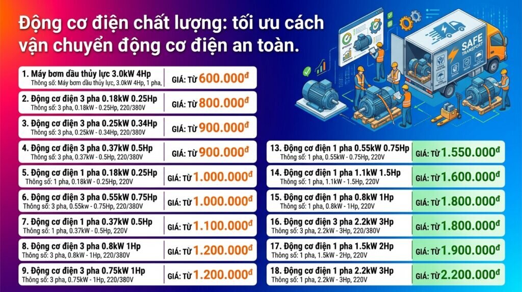 Động cơ điện chất lượng: tối ưu cách vận chuyển động cơ điện an toàn.