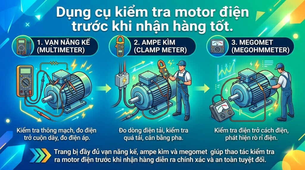 Dụng cụ kiểm tra motor điện trước khi nhận hàng tốt.
