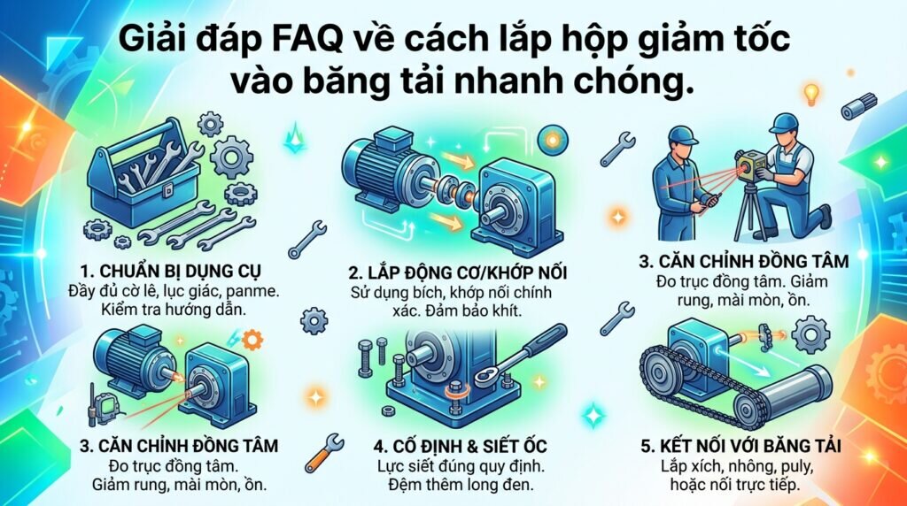 Giải đáp FAQ về cách lắp hộp giảm tốc vào băng tải nhanh chóng.
