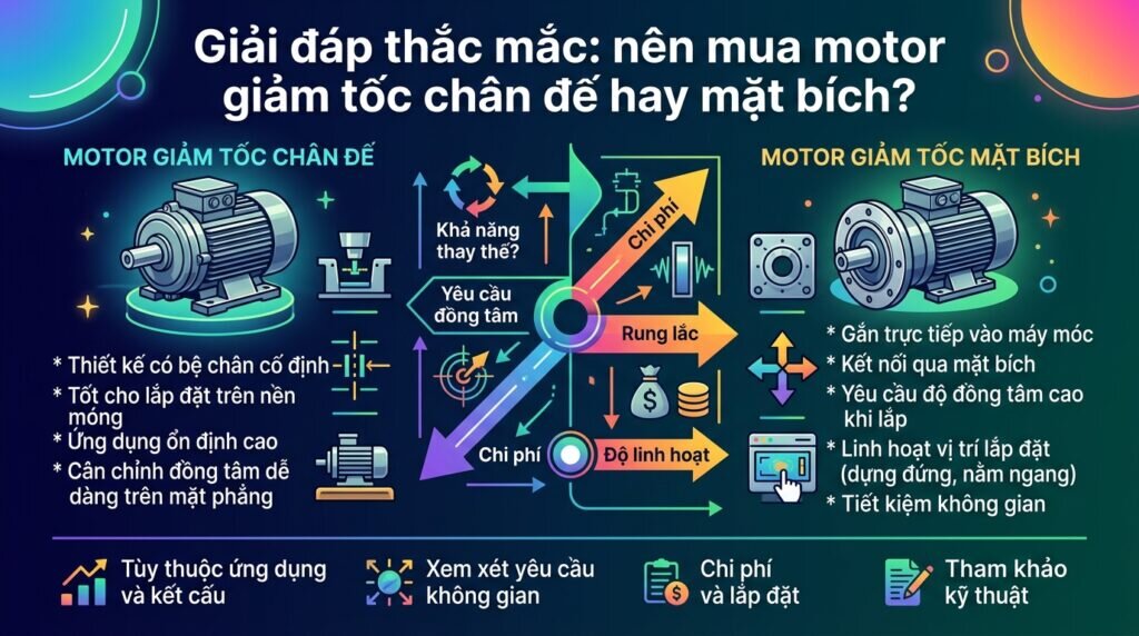 Giải đáp thắc mắc: nên mua motor giảm tốc chân đế hay mặt bích?