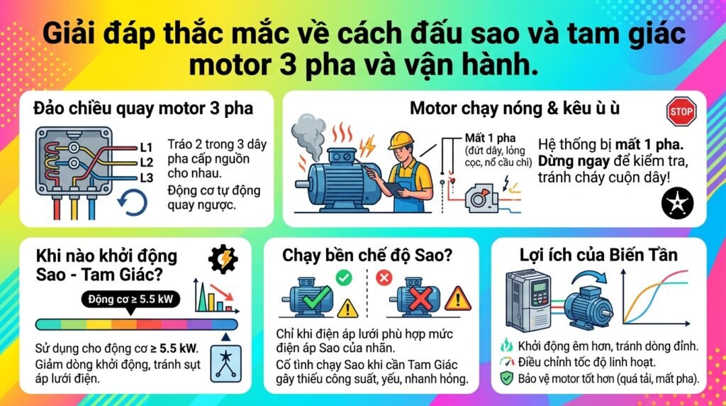 Giải đáp thắc mắc về cách đấu sao và tam giác motor 3 pha và vận hành.