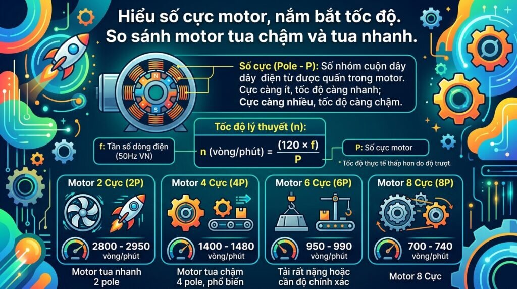 Hiểu số cực motor, nắm bắt tốc độ. So sánh motor tua chậm và tua nhanh.