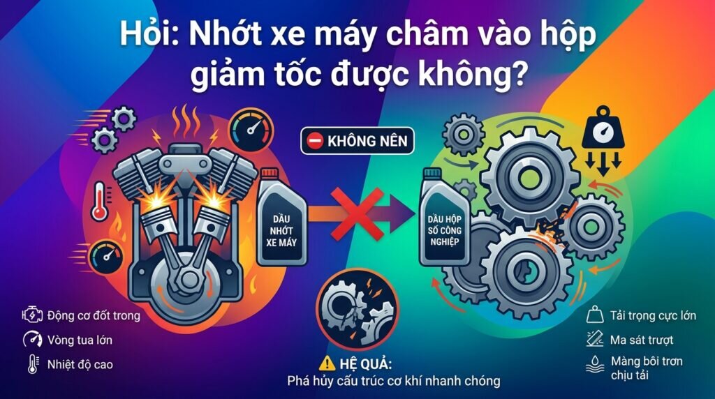 Hỏi: Nhớt xe máy châm vào hộp giảm tốc được không?