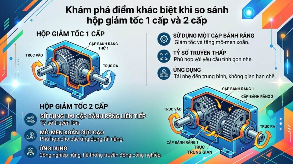 Khám phá điểm khác biệt khi so sánh hộp giảm tốc 1 cấp và 2 cấp