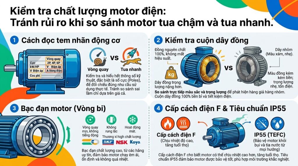 Kiểm tra chất lượng motor điện: Tránh rủi ro khi so sánh motor tua chậm và tua nhanh.