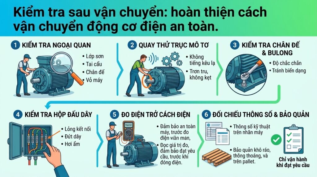 Kiểm tra sau vận chuyển: hoàn thiện cách vận chuyển động cơ điện an toàn.