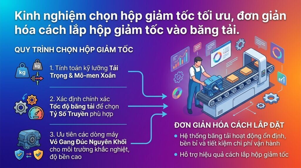 Kinh nghiệm chọn hộp giảm tốc tối ưu, đơn giản hóa cách lắp hộp giảm tốc vào băng tải.