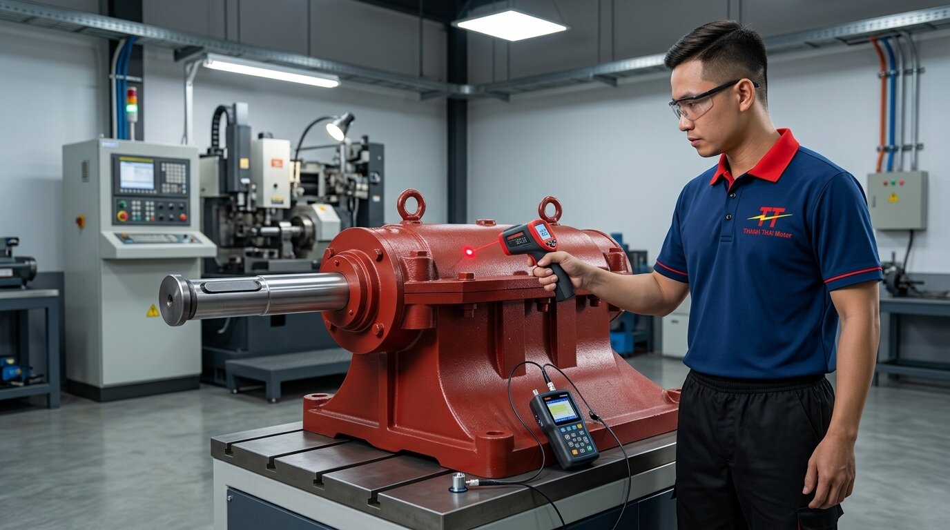 Kỹ sư đo nhiệt độ gối đỡ quạt ly tâm bằng súng hồng ngoại để kiểm soát mốc nhiệt cho phép