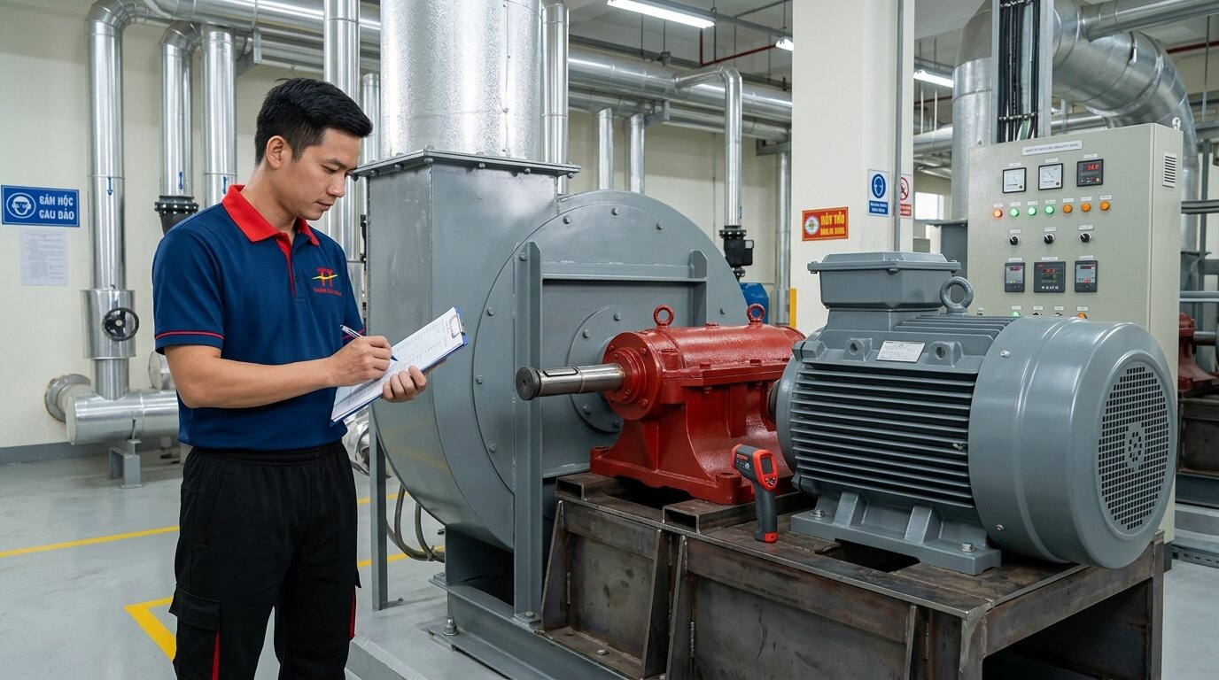 Kỹ sư kiểm tra checklist bảo dưỡng hệ thống gối đỡ quạt ly tâm công nghiệp định kỳ