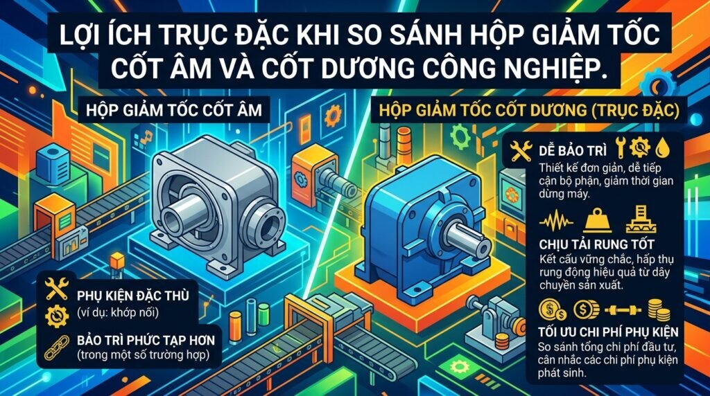 Lợi ích trục đặc khi so sánh hộp giảm tốc cốt âm và cốt dương công nghiệp.