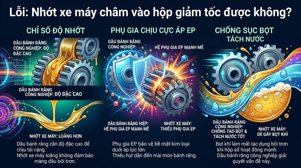 Lỗi: Nhớt xe máy châm vào hộp giảm tốc được không?