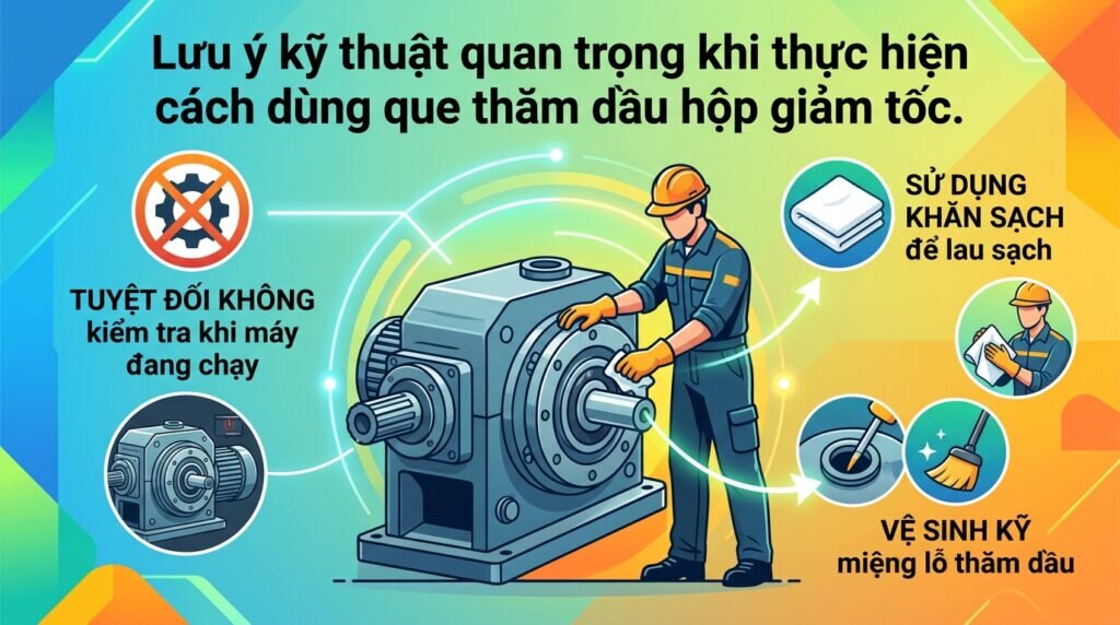 Lưu ý kỹ thuật quan trọng khi thực hiện cách dùng que thăm dầu hộp giảm tốc.