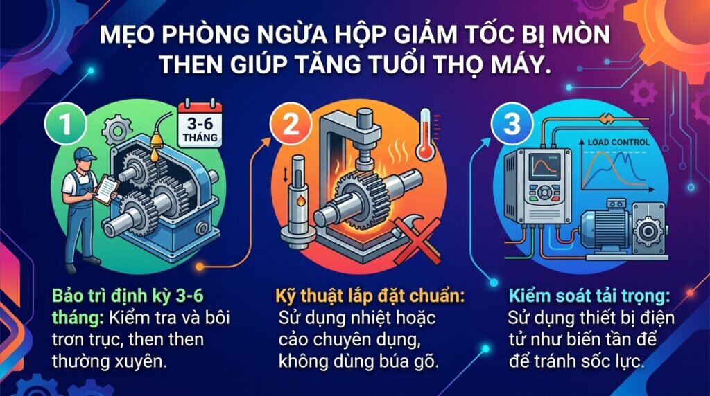 Mẹo phòng ngừa hộp giảm tốc bị mòn then giúp tăng tuổi thọ máy.