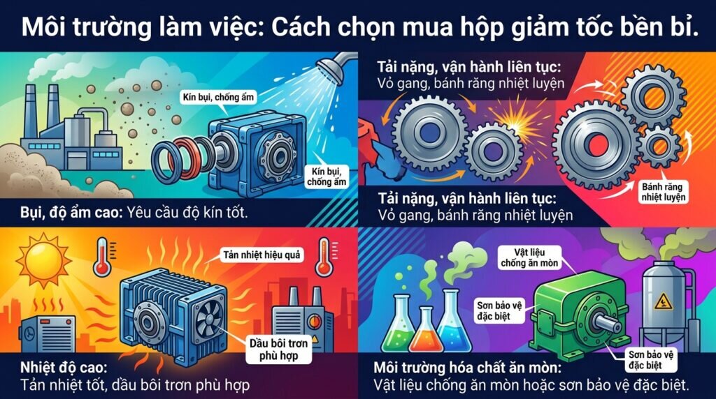 Môi trường làm việc: Cách chọn mua hộp giảm tốc bền bỉ.