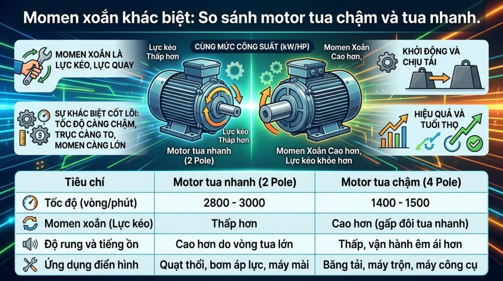 Momen xoắn khác biệt: So sánh motor tua chậm và tua nhanh.