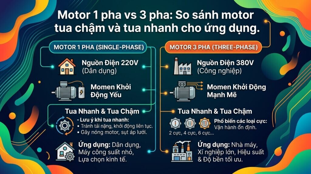 Motor 1 pha vs 3 pha: So sánh motor tua chậm và tua nhanh cho ứng dụng.