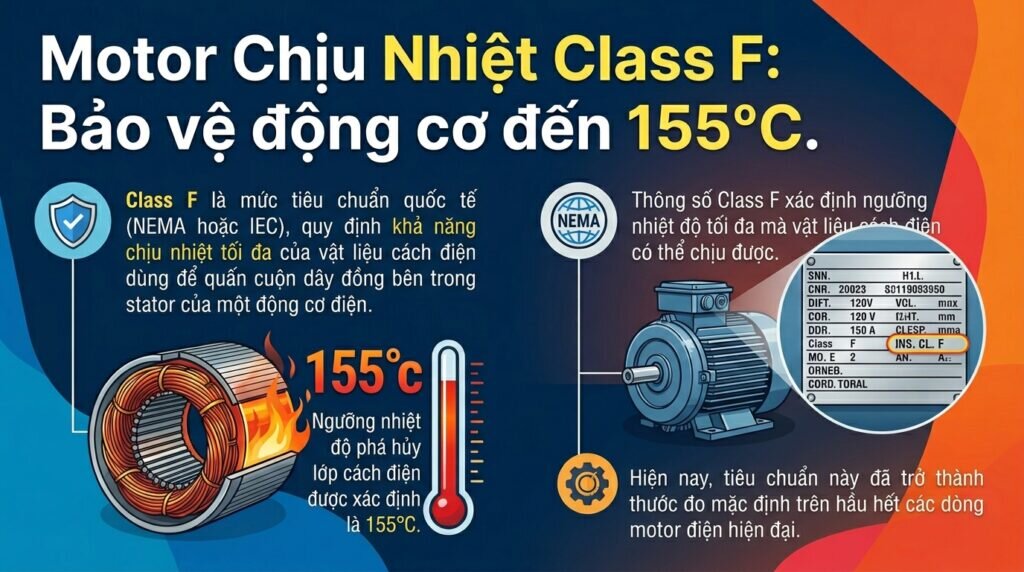 Motor Chịu Nhiệt Class F: Bảo vệ động cơ đến 155°C.