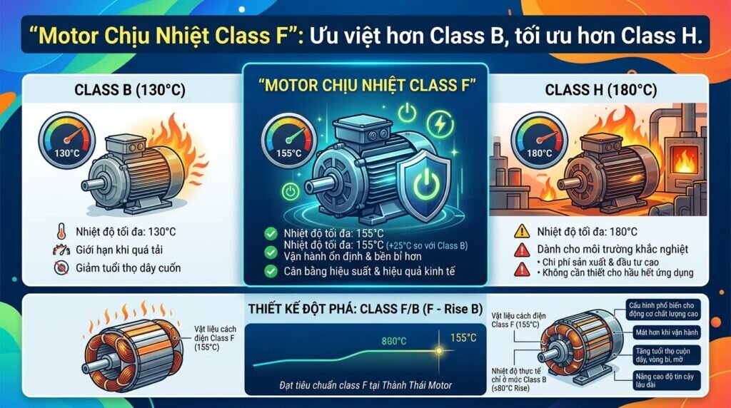 `Motor Chịu Nhiệt Class F`: Ưu việt hơn Class B, tối ưu hơn Class H.
