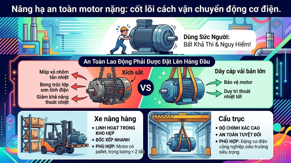 Nâng hạ an toàn motor nặng: cốt lõi cách vận chuyển động cơ điện.