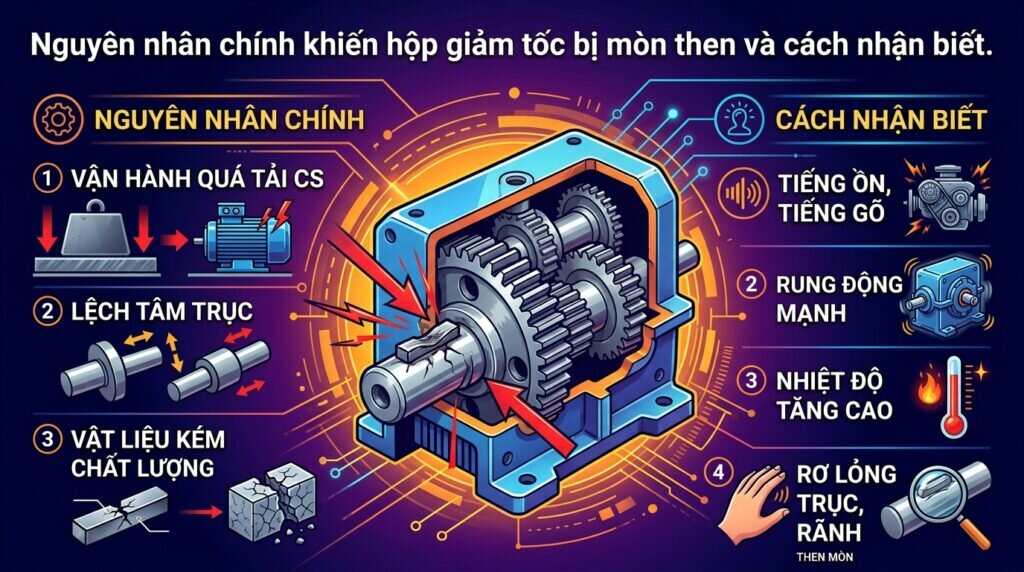 Nguyên nhân chính khiến hộp giảm tốc bị mòn then và cách nhận biết.