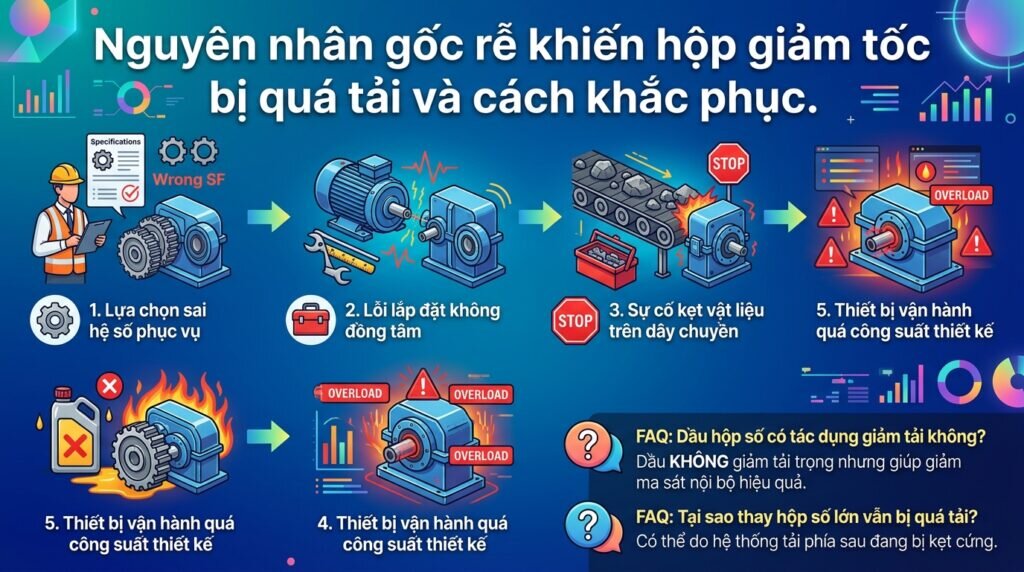 Nguyên nhân gốc rễ khiến hộp giảm tốc bị quá tải và cách khắc phục.