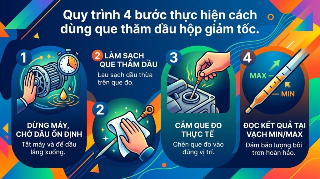 Quy trình 4 bước thực hiện cách dùng que thăm dầu hộp giảm tốc.
