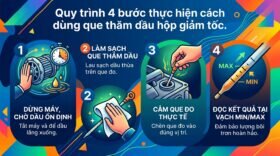Quy trình 4 bước thực hiện cách dùng que thăm dầu hộp giảm tốc.