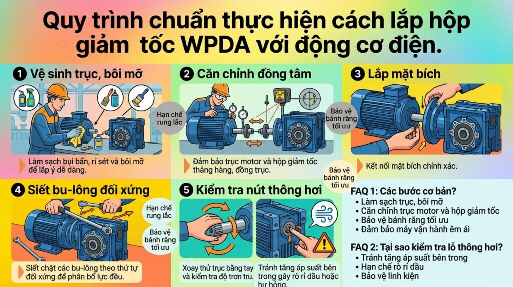 Quy trình chuẩn thực hiện cách lắp hộp giảm tốc WPDA với động cơ điện.