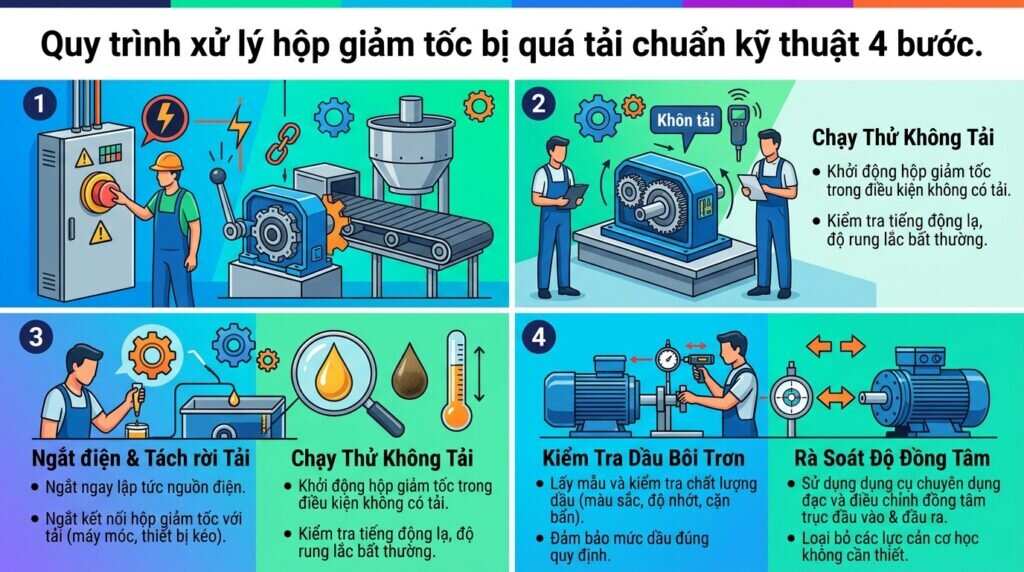 Quy trình xử lý hộp giảm tốc bị quá tải chuẩn kỹ thuật 4 bước.