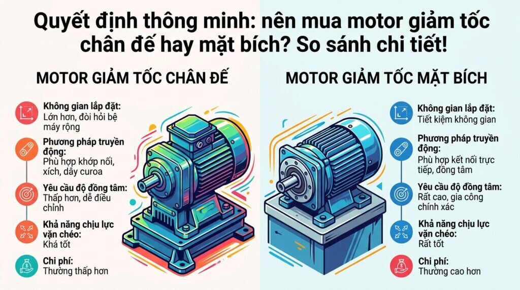 Quyết định thông minh: nên mua motor giảm tốc chân đế hay mặt bích? So sánh chi tiết!