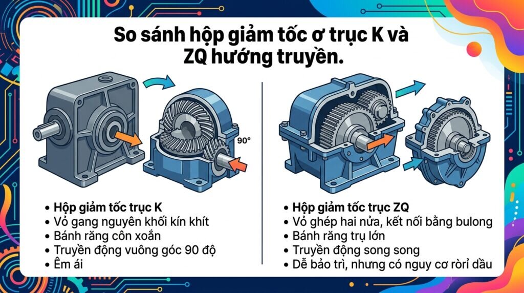 So sánh hộp giảm tốc trục K và ZQ hướng truyền.