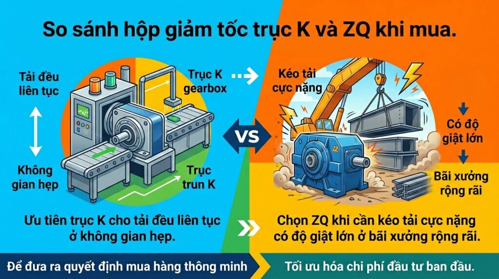 So sánh hộp giảm tốc trục K và ZQ khi mua.