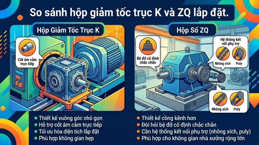 So sánh hộp giảm tốc trục K và ZQ lắp đặt.