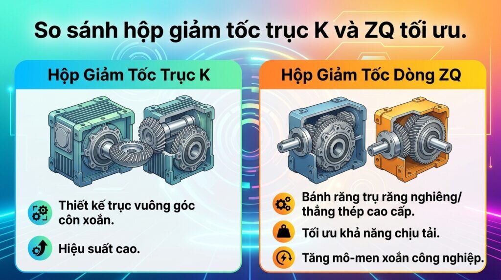So sánh hộp giảm tốc trục K và ZQ tối ưu.