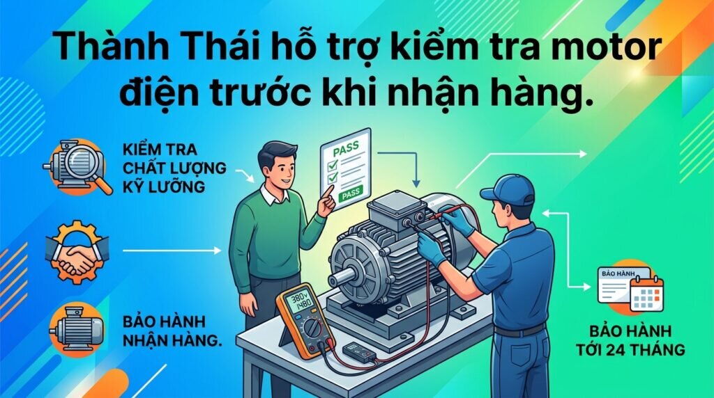 Thành Thái hỗ trợ kiểm tra motor điện trước khi nhận hàng.