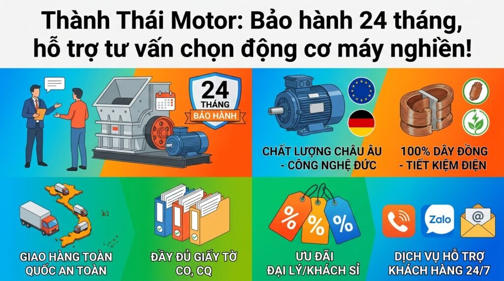 Thành Thái Motor: Bảo hành 24 tháng, hỗ trợ tư vấn chọn động cơ máy nghiền!