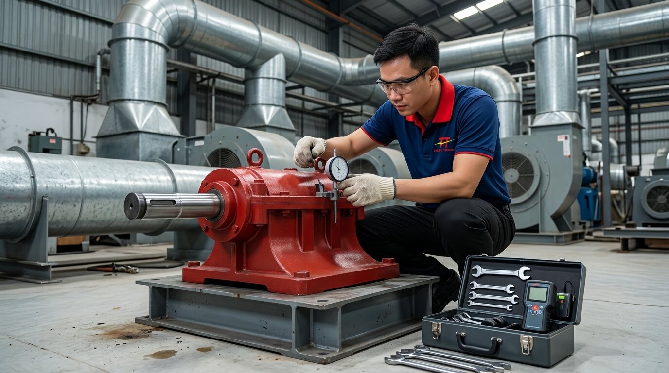 Thợ cơ khí căn chỉnh lệch tâm trục gối đỡ quạt ly tâm bằng đồng hồ so chuyên dụng