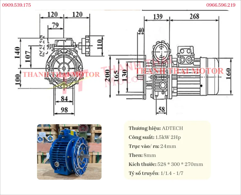 Thông số kỹ thuật điều tốc cơ UDL 1.5kW 2Hp mặt bích