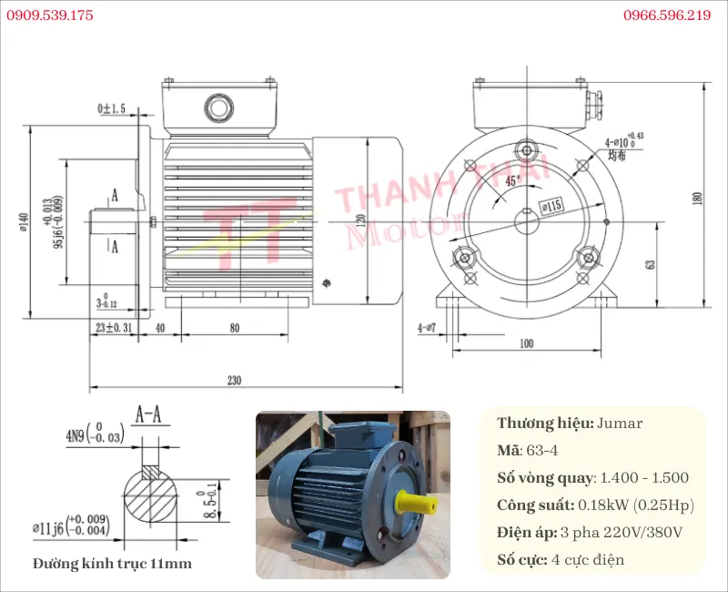 Thông số kỹ thuật và bản vẽ động cơ điện 3 pha 0.18kW 0.25Hp mặt bích