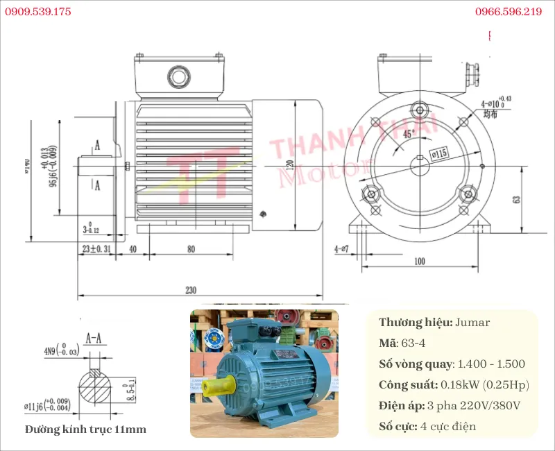 Technical specifications and drawing of 3-phase electric motor 0.18kW 0.25Hp