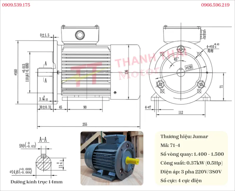 Thông số kỹ thuật và bản vẽ động cơ điện 3 pha 0.37kW 0.5Hp mặt bích