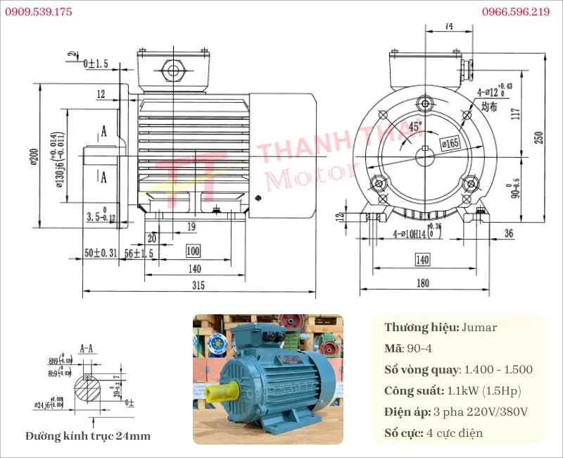 Specifications and drawing of 3-phase electric motor 1.1kW 1.5Hp