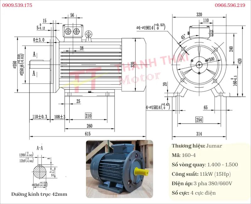 Thông số kỹ thuật và bản vẽ động cơ điện 3 pha 11kW 15Hp mặt bích