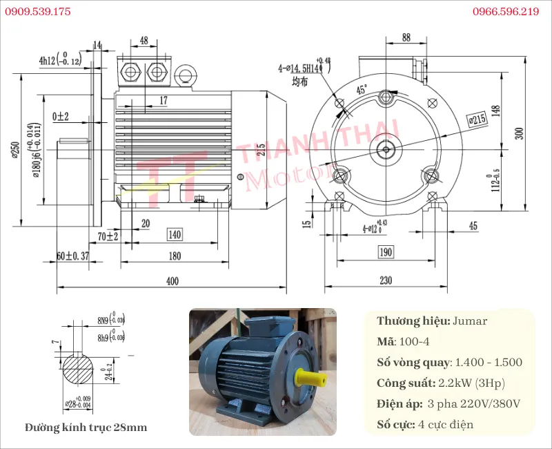 Thông số kỹ thuật và bản vẽ động cơ điện 3 pha 2.2kW 3Hp mặt bích
