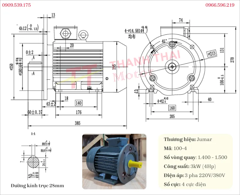 Thông số kỹ thuật và bản vẽ động cơ điện 3 pha 3kW 4Hp mặt bích
