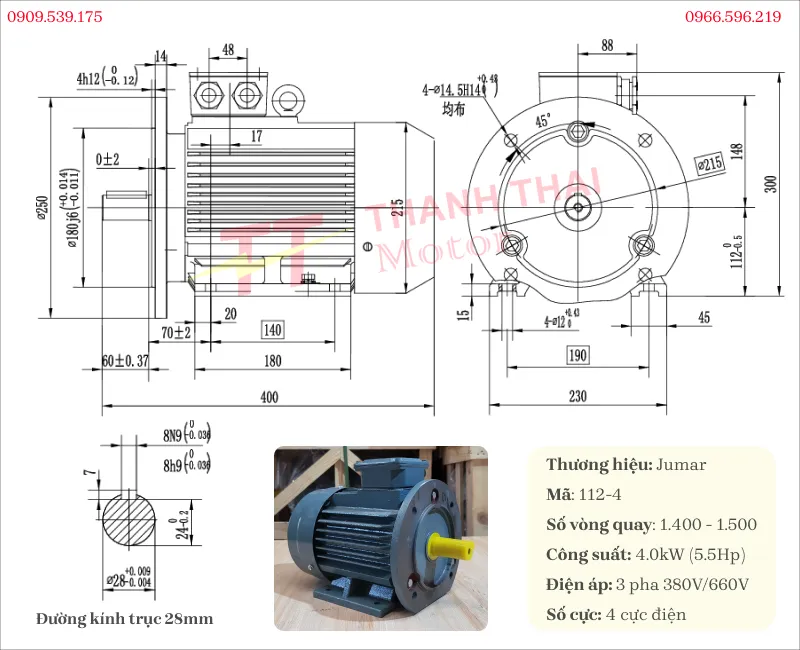 Thông số kỹ thuật và bản vẽ động cơ điện 3 pha 4kW 5.5Hp mặt bích