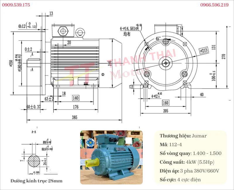 Technical specifications and drawing of the 3-phase electric motor 4kW 5.5Hp
